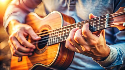 Fototapeta premium Documentary Photo: Close-up of Hands Playing D Minor Ukulele Chord