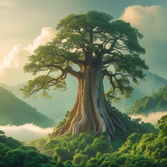 Majestic Tree on a Mountain Landscape in Soft Light