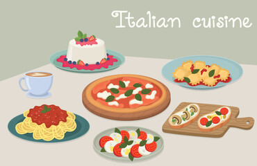 Composition with dishes of classic Italian cuisine on the table. Appetizing illustration of tasty national food