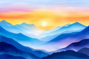 Obraz premium Watercolor painting of a serene mountain landscape at sunrise with layered blue hills, a glowing sun, and a colorful sky blending warm and cool tones