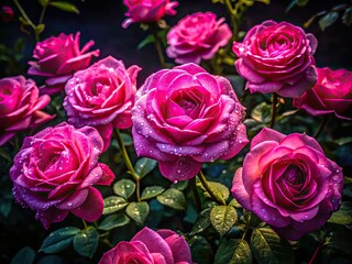 AI-generated pink roses bloom in a dark, nocturnal garden, a captivating nightscape.