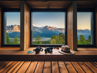 Mountain vista through a large window in a wooden cabin.  Travel essentials camera, sunglasses, hat...