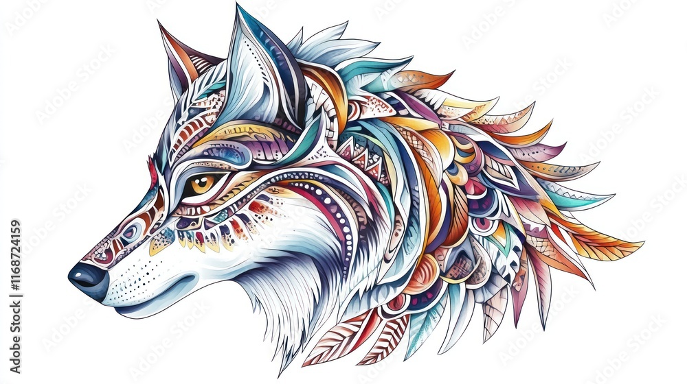 Poster A colorful, artistic depiction of a wolf's head with intricate patterns and designs.