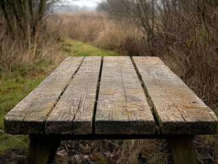 Fototapeta premium A worn wooden table board in a countryside setting, with faint carvings and a faded finish evoking a sense of history 