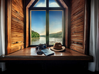 A tranquil view of a river and lush landscape is seen through a rustic window.  A hat, camera,...