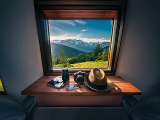 Fototapeta premium Sunlit mountain vista viewed through a window from a cozy room. Travel gear camera, hat, phone rests on a wooden sill, hinting at adventure and exploration.