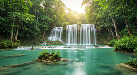 A serene view of Kuang Si Waterfalls surrounded by lush green jungle, with turquoise waters cascading into clear pools, sunlight filtering through the trees