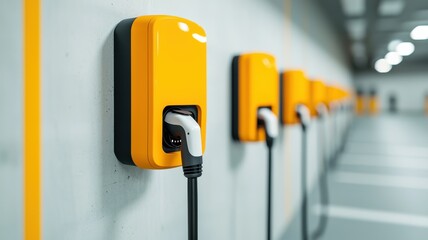 Electric Vehicle Charger Market concept. Electric vehicle chargers on a wall in a parking garage.