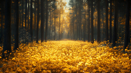 Obraz premium A highly detailed photography of a dense pine forest during autumn, showcasing golden leaves carpeting the forest floor and a vibrant play of warm sunlight streaming through the trees.
