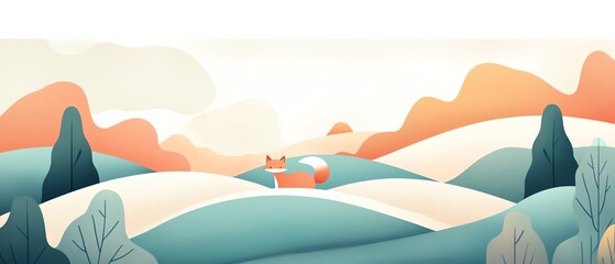 Obraz premium Serene illustration of a fox in a winter landscape. Soft colors and rolling hills create a peaceful scene.