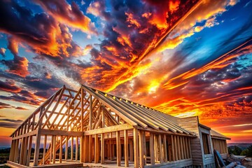 Fototapeta premium Double Exposure: Home Framing & Majestic Sky - Residential Construction Stock Photo