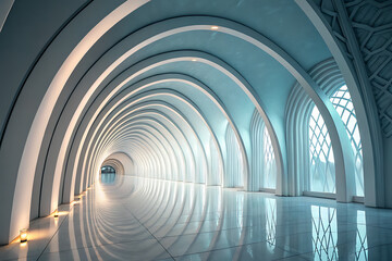 Fototapeta premium A futuristic 3D-rendered corridor with repeating arches, smooth reflective surfaces, and a soft ethereal glow. Muted tones of light blue and white enhance its sleek, otherworldly vibe