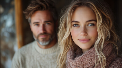 Fototapeta premium Couple in winter sweaters sharing intimate moment displaying genuine connection