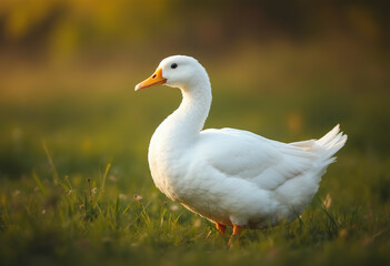 Obraz premium A white duck with a yellow beak and eye standing in a grassy field