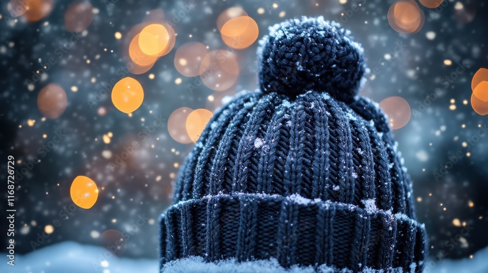 Poster Cozy winter hat adorned with snowflakes amidst glowing bokeh lights in a frosty atmosphere