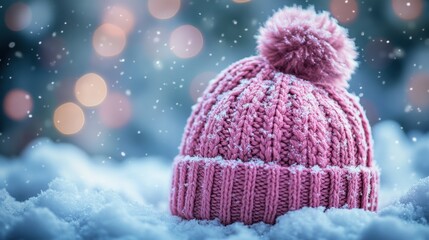 Cozy pink knitted hat resting in a snowy landscape during a serene winter evening with softly glowing lights in the background