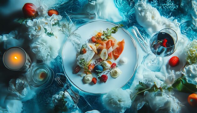 Utopian dining scene, vivid macro details of gourmet meals, culinary masterpieces, enchanting atmosphere, vibrant dreams captured in food