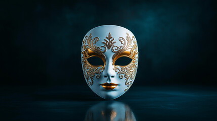 Elegante Maske mit goldenen Verzierungen vor einem mystischen Hintergrund

