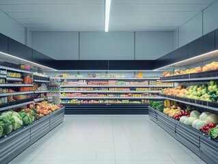 Fototapeta premium Fresh Vegetables and Fruits Displayed in Modern Supermarket Aisle with Organized Shelves and Bright Lighting for a Healthy Shopping Experience