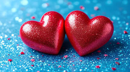 Obraz premium Happy Valentine's Day banner two red heart shapes with blue background. love concept.