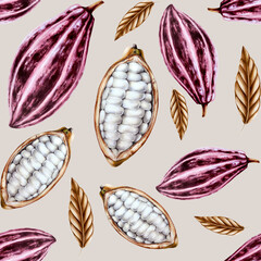 Seamless pattern with watercolor open cocoa pod, fruits and dry leaves. Hand drawn half cacao, beens, realistic organic superfood illustration isolated on background. For designers, packaging design