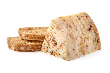 Piece of seasoned cheese with herbs, Primavera picante, isolated on white background.