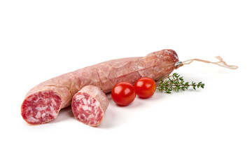 Dry-cured sausage, isolated on white background.