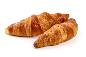 Two buttery croissants isolated on white background.