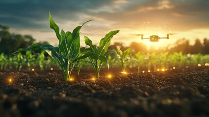Futuristic agricultural drone optimizing corn crop efficiency. Generative AI