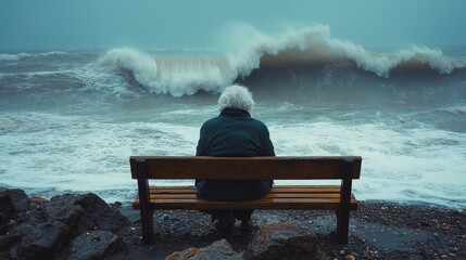 An elderly man sits alone on a bench, facing the ocean, watching powerful waves crash onto the shore.