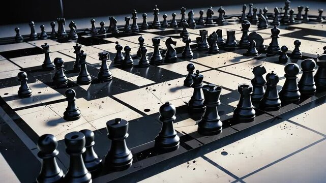 Video footage of complex chessboard with numerous black chess pieces scattered across it, creating an intricate and chaotic arrangement