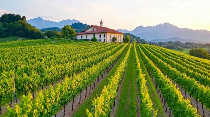 Serene Vineyard Landscape with Lush Green Grapevines Under a Colorful Sunset Sky
