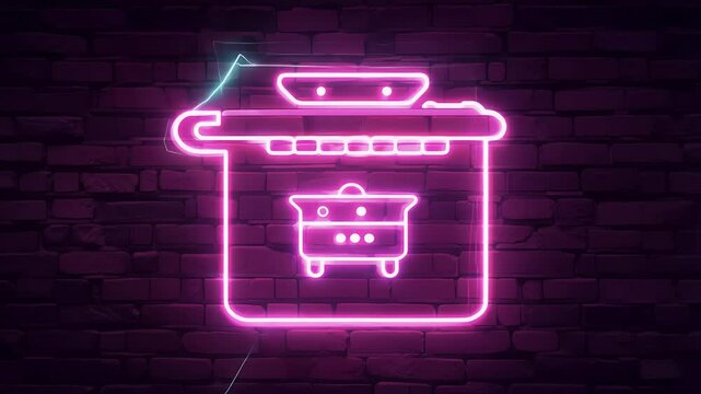 bright neon icon pink kitchen stove glows vibrantly textured brick wall creating stylish seamless looped animation