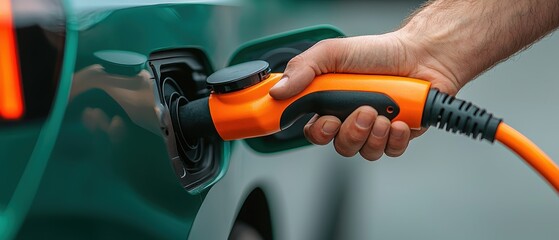 Naklejka premium Electric Vehicle Charger Market concept. Charging an electric vehicle with an orange power cable.