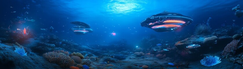 Obraz premium Stunning underwater scene with vibrant fish swimming amidst coral reefs. Sunlight filters through the water, illuminating the ocean floor.