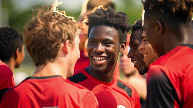 This Players share laughter and camaraderie while training outdoors under bright sunlight.