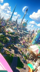 A vibrant futuristic cityscape, showcasing towering structures, amusement park elements, and a whimsical, otherworldly atmosphere under a bright sky.