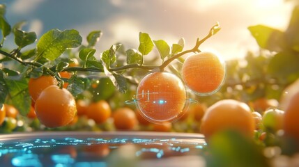 Futuristic Smart Orchard with Digital Cultivator and Holograms. Generative AI