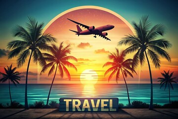 Double Exposure Weekend Travel Logo Design: Sun, Plane, and Palm Tree Silhouette