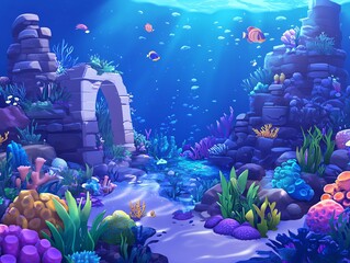 Wide-angle view of a luxury underwater kingdom, vibrant mythical creatures swimming gracefully, shimmering corals glowing
