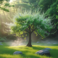 Majestic Tree on a Mountain Landscape in Soft Light