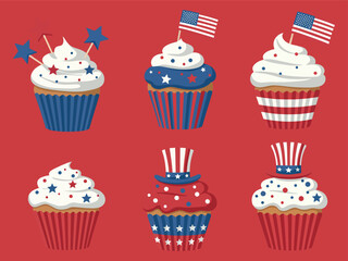 Cupcakes decorated with American flags and patriotic colors, perfect for 4th of July celebrations and Independence Day parties.