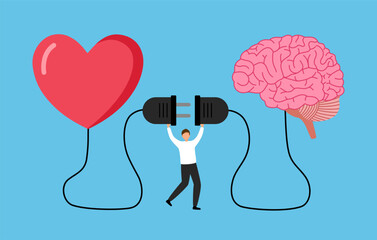 Heart and brain connection, control feeling and emotion with logical thinking brain, man connect plug with heart to brain concept vector illustration in flat design.