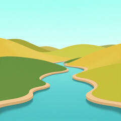 A serene landscape featuring rolling hills and a winding river, characterized by soft colors and minimalistic design.