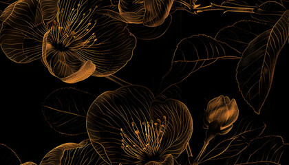 Golden Floral Illustration, Dark Background