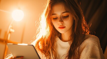 Young Woman Reading Tablet in Warm Lighting