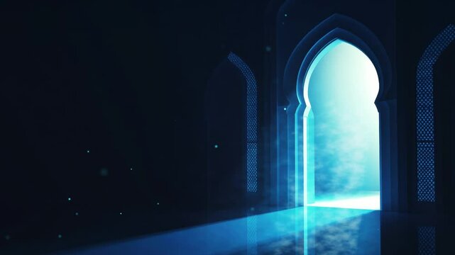 Islamic Ramadan background, radiant light emanating from an Islamic arch illuminating the dark mosque