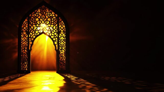 Islamic Ramadan background, radiant light emanating from an Islamic arch illuminating the dark mosque