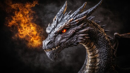 Obraz premium Fierce Dragon with Glowing Eyes Breathes Fire, A Detailed Illustration on Dark Background