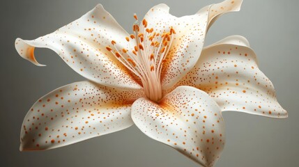 Delicate white lily blooms with vibrant orange accents against a soft gray backdrop in an artistic display of natural beauty